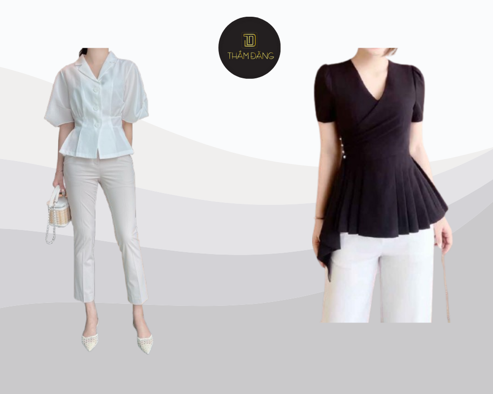 Áo blouse cổ V tạo đường kéo dài từ cổ xuống ngực, thu hút ánh nhìn vào phần trên cơ thể thay vì vòng bụng