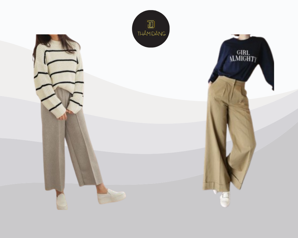 Phối áo sweater mỏng cùng quần culottes tạo nên vẻ ngoài thanh lịch, hiện đại
