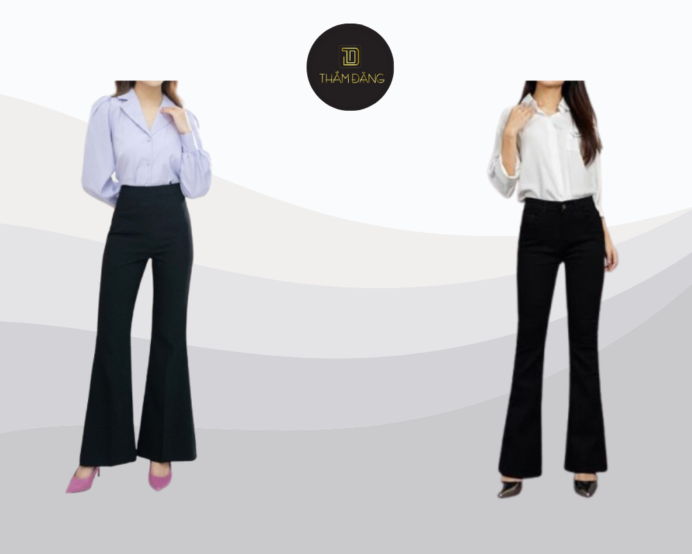 Tham khảo cách phối đồ cho dáng người tam giác ngược - phối áo sơ mi ôm cùng quần tây ống loe tạo nên vẻ ngoài công sở thanh lịch, cân đối