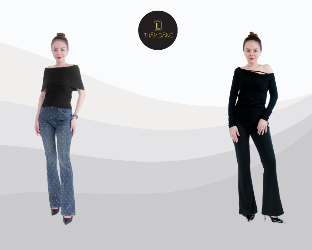 Phối áo thun tối màu với quần ống loe sáng màu tạo nên tổng thể hài hòa cho dáng tam giác ngược