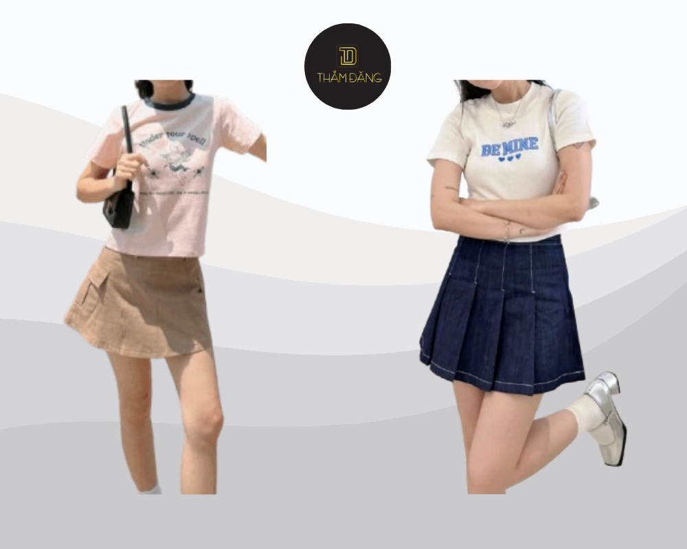 Phối áo baby tee cùng chân váy ngắn xòe tạo nên set đồ trẻ trung, năng động cho thân hình tam giác ngược