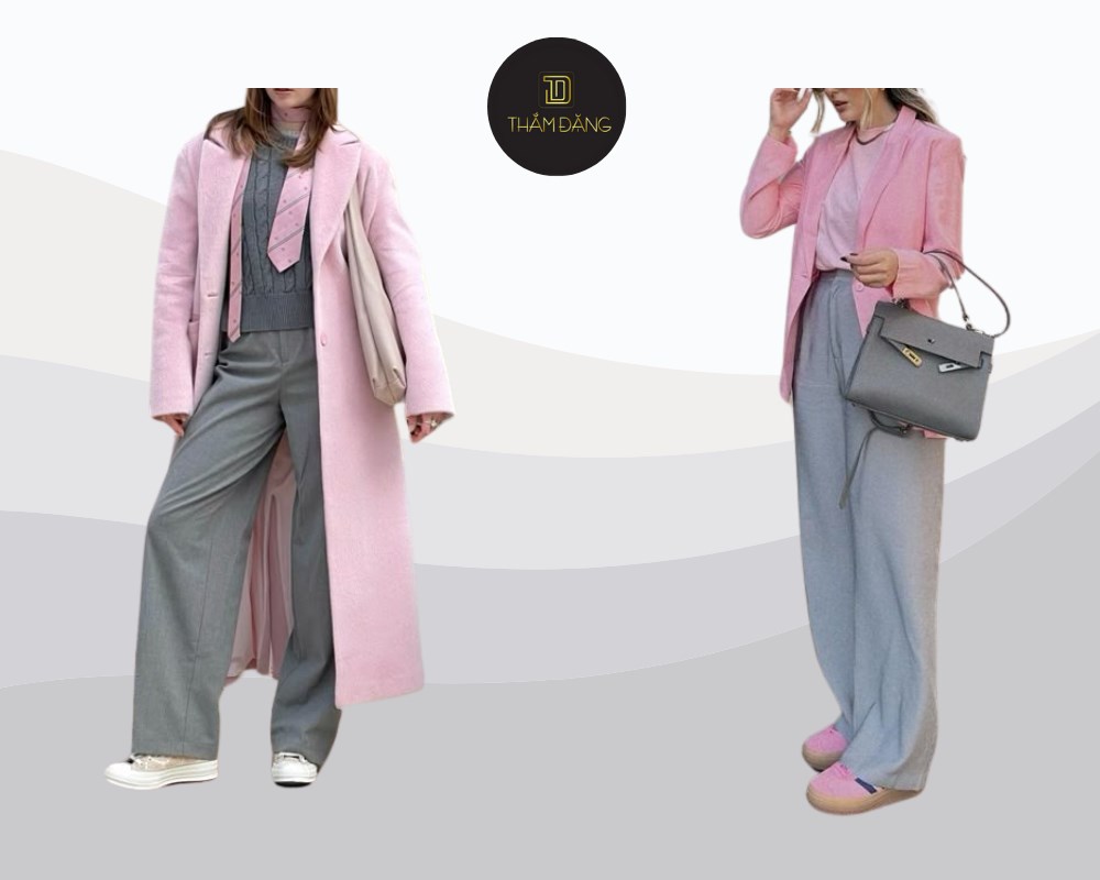 Outfit hồng cánh sen kết hợp ghi xám mang đến sự thanh lịch tinh tế và chuyên nghiệp cho môi trường công sở