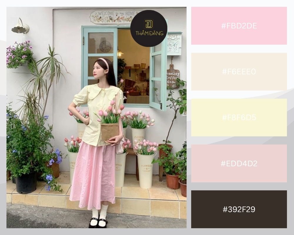 Dịu dàng với áo vàng kem, váy hồng pastel