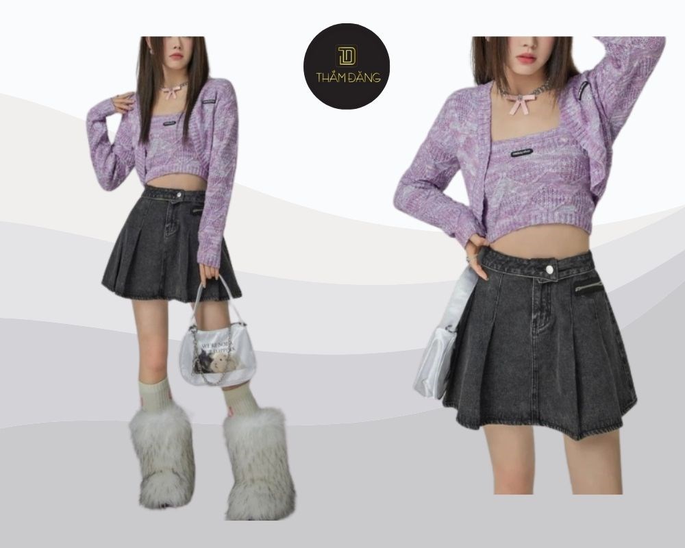 Chân váy xám phối cùng màu tím lavender tạo ra vẻ nhẹ nhàng và thanh thoát
