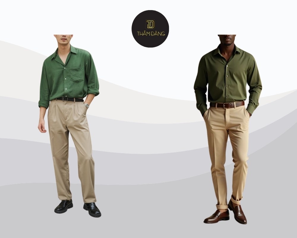áo xanh đậm phối quần kaki màu be tạo sự trẻ trung, lịch sự
