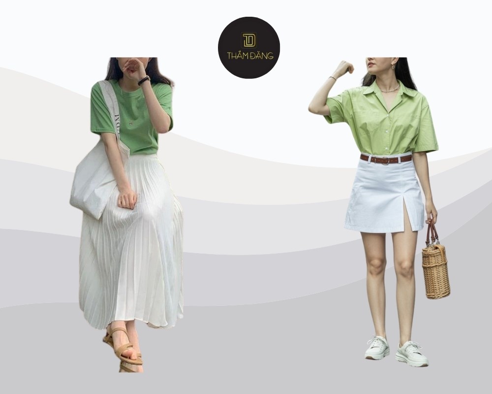 áo xanh lá kết hợp chân váy trắng giúp nàng thêm trẻ trung, năng động