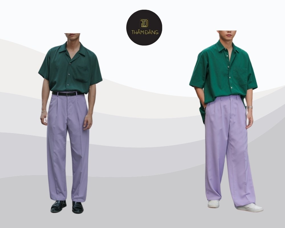 áo xanh đậm phối quần tím pastel mang lại vẻ tinh tế, hài hòa