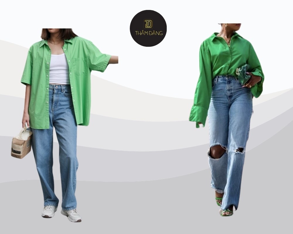 áo xanh lá kết hợp quần jeans xanh tạo vẻ ngoài năng động