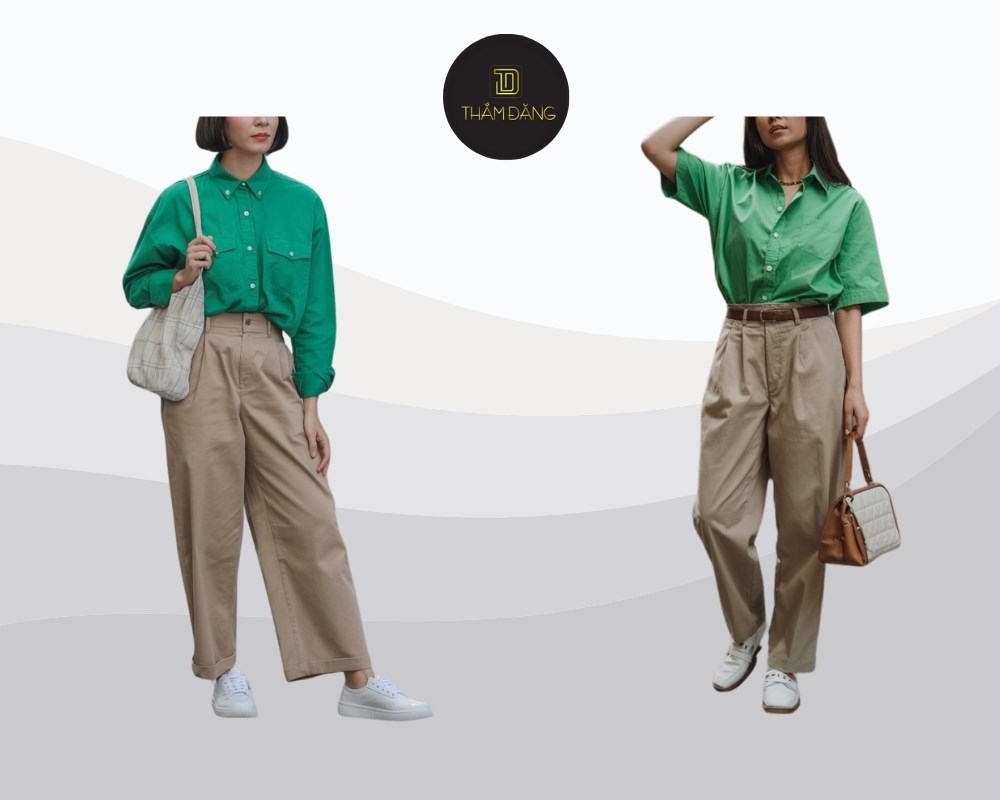 áo xanh lá phối kaki be và giày trắng tạo vẻ ngoài thanh lịch