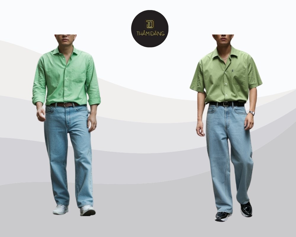 áo xanh lá phối quần jeans xanh tạo vẻ ngoài trẻ trung năng động