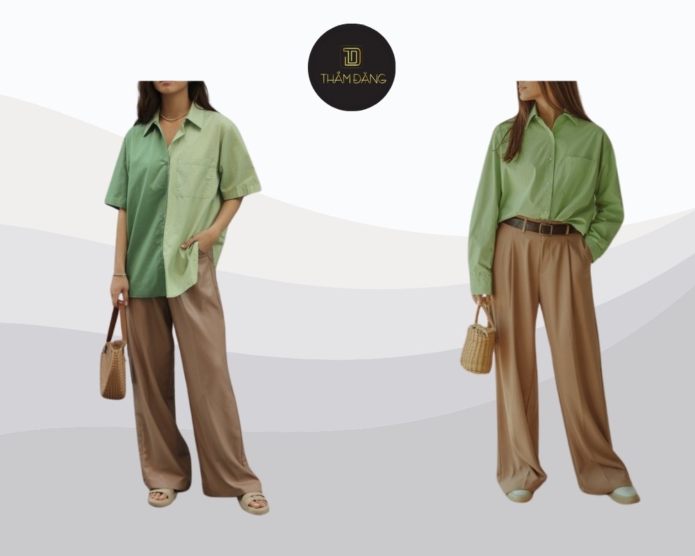 set áo xanh lá phối quần nâu nhạt mang đến vẻ ngoài thanh lịch