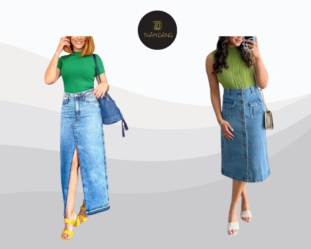 áo xanh lá phối chân váy denim tạo nên vẻ ngoài trẻ trung