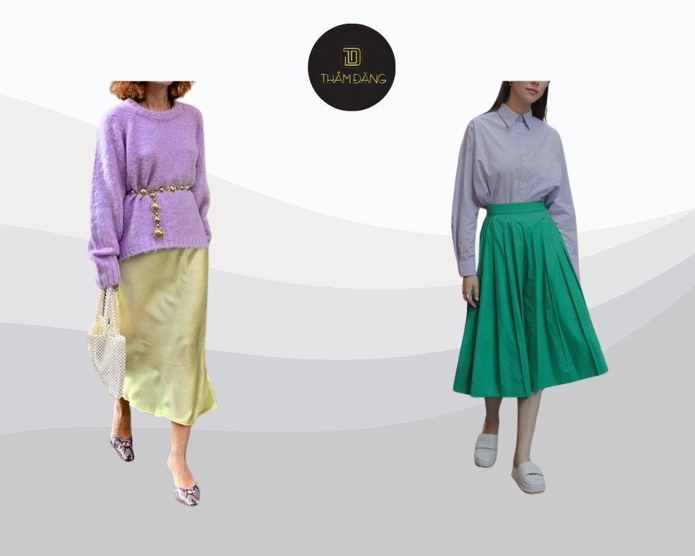 outfit gồm chân váy xanh lá và áo tím tạo phong cách tinh tế