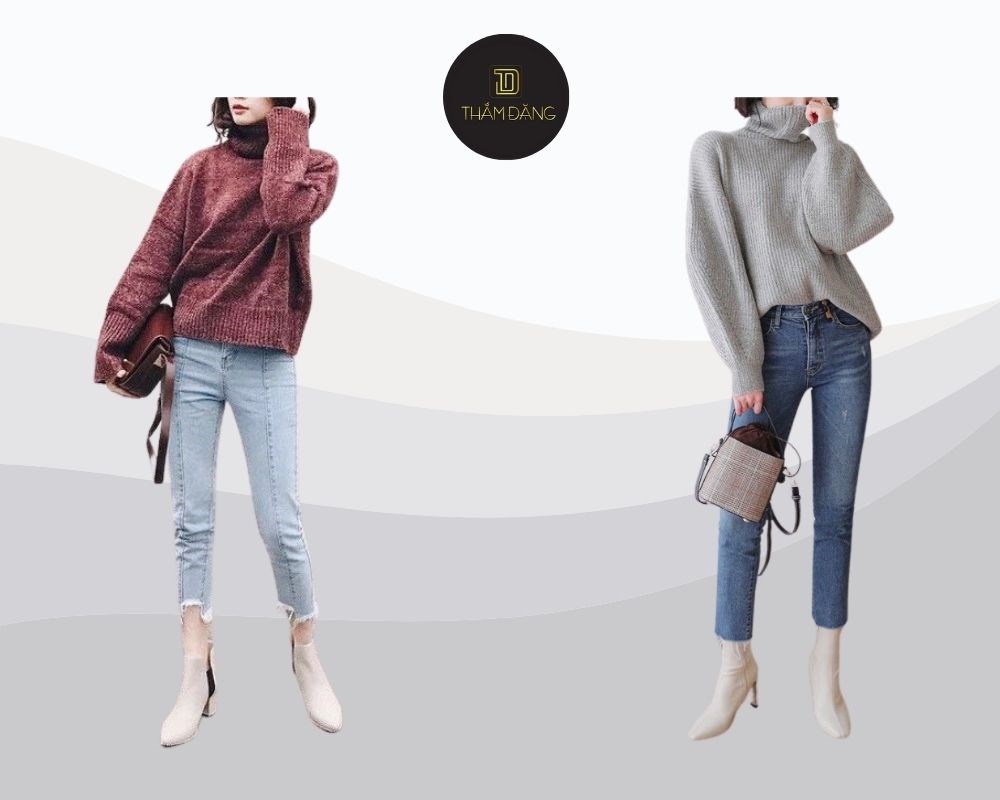 áo len oversize cùng jeans skinny 