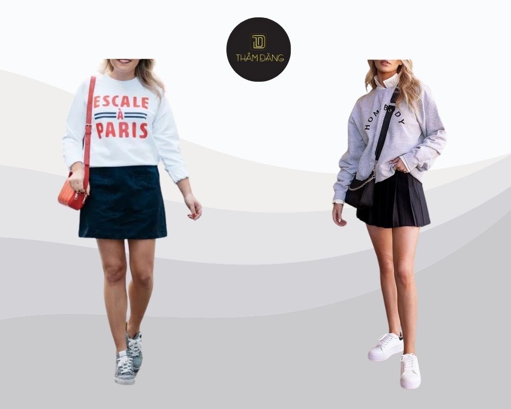 áo nỉ và chân váy sneakers tạo sự thoải mái