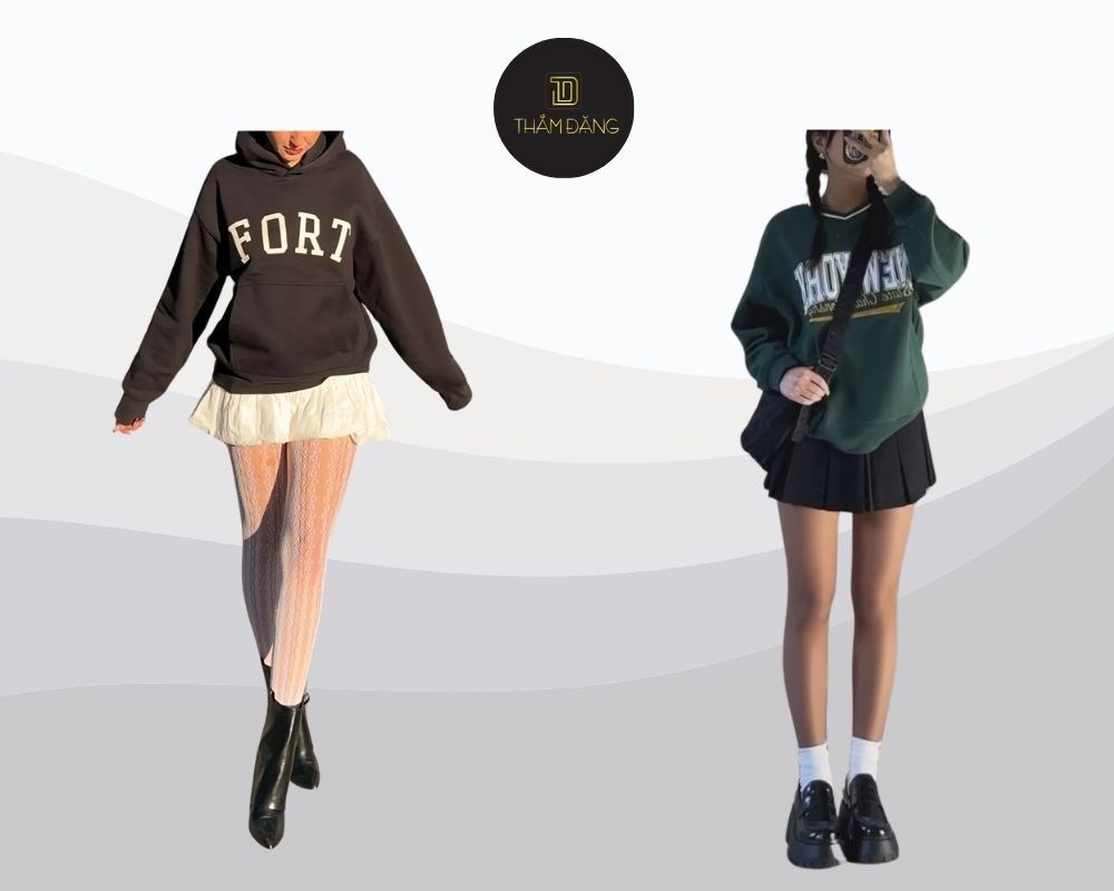 set đồ hoodie gồm chân váy ngắn chuẩn phong cách mùa đông Hàn Quốc