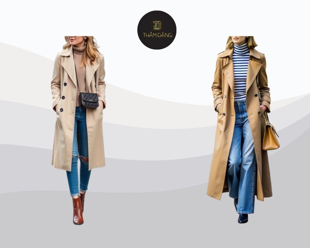trench coat mix áo len cổ lọ và quần skinny thanh lịch