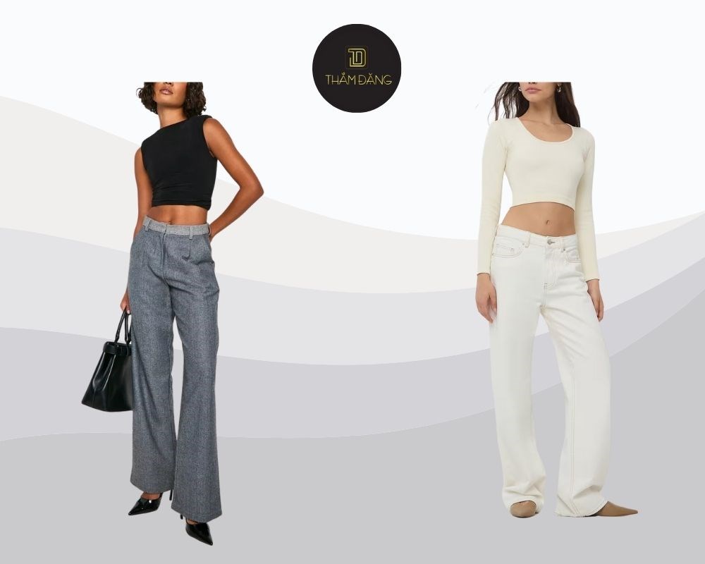Phối áo croptop với quần ống rộng mùa thu đông