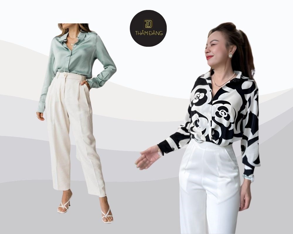 Sơ mi lụa và quần ống rộng trắng - cặp đôi hoàn hảo cho các buổi tiệc trang trọng hoặc sự kiện đặc biệt