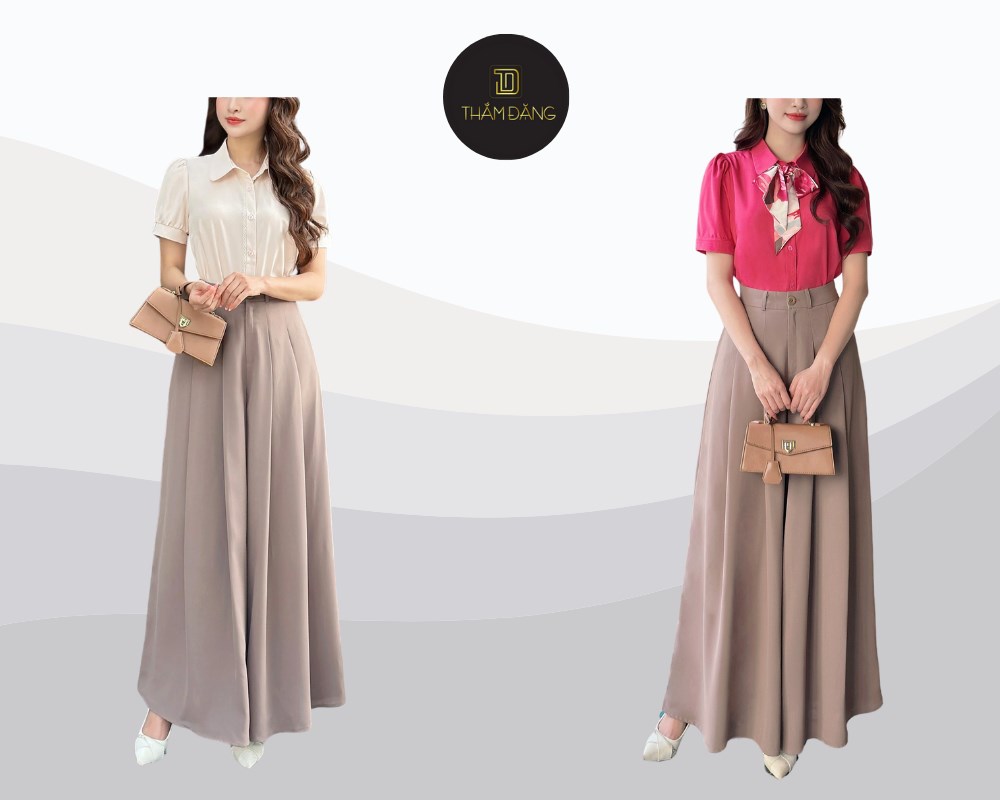 Áo tay bồng quần ống rộng tạo phong cách nữ tính thanh lịch vintage.