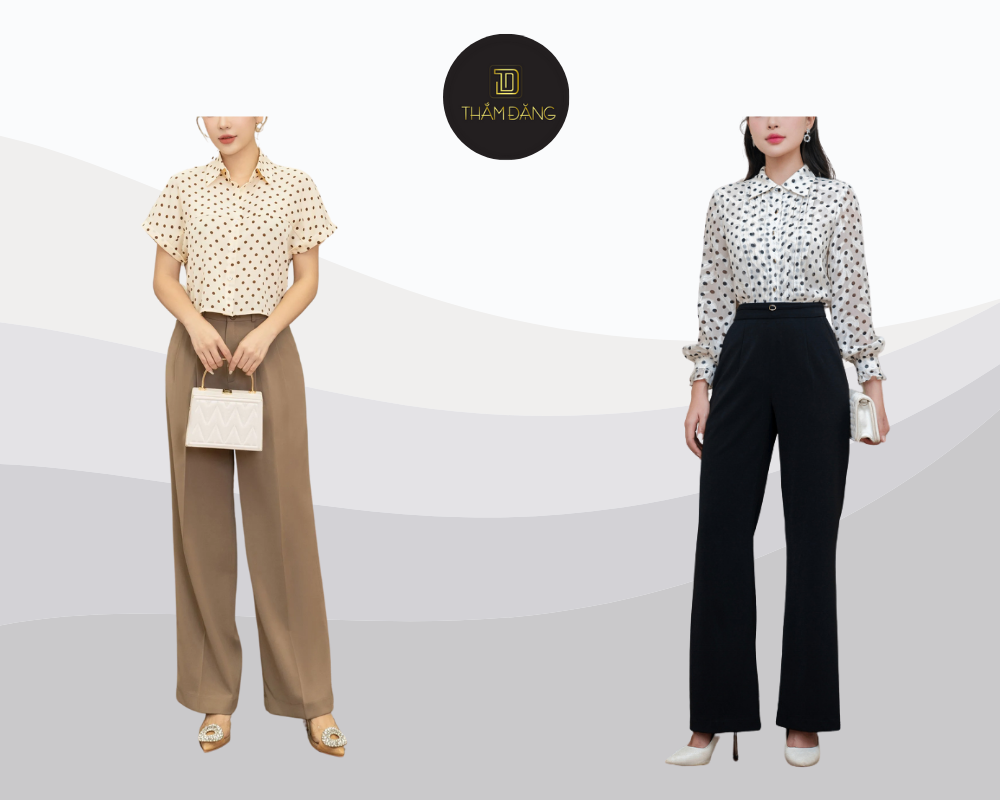 Áo họa tiết nổi bật phối quần trơn tạo nên phong cách hài hòa và tinh tế.