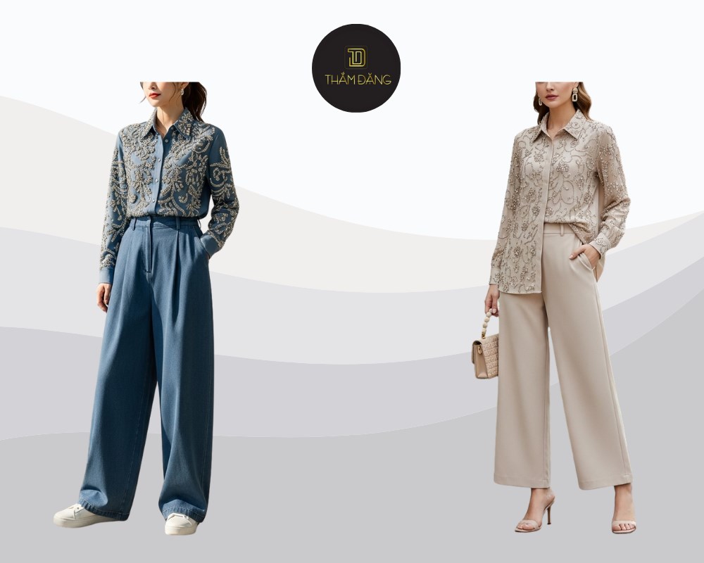 Sơ mi đính hạt phối quần rộng tạo phong cách sang trọng cuốn hút.