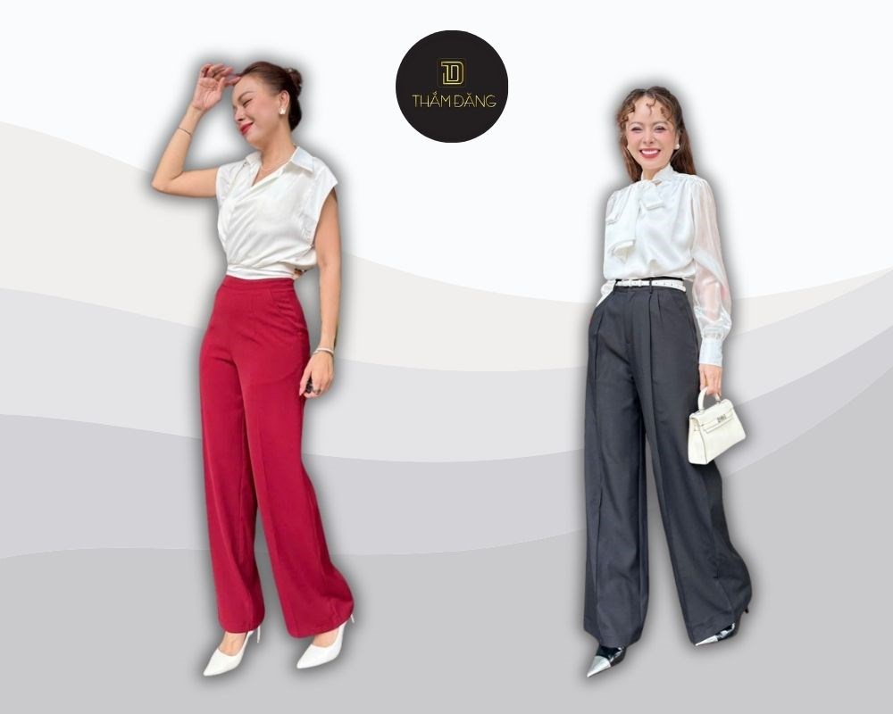 Sơ mi trắng và quần ống rộng trơn màu phù hợp cho công sở và các cuộc họp quan trọng