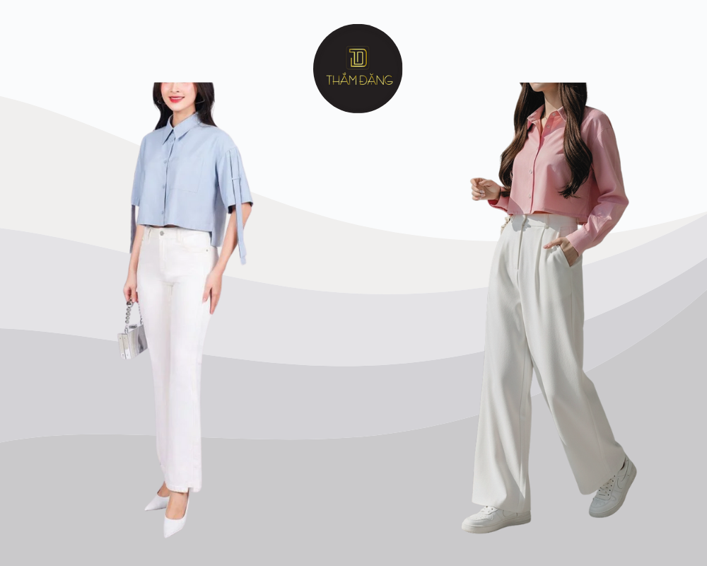Áo lửng phối quần ống rộng tạo phong cách trẻ trung và thanh lịch.
