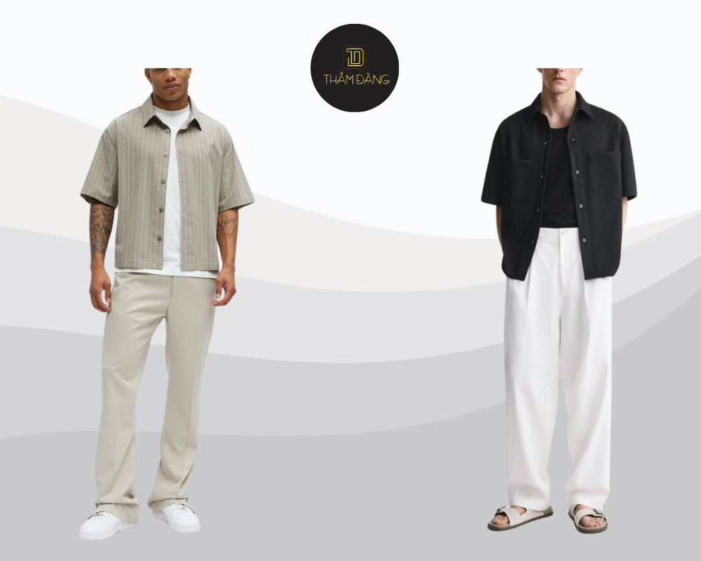 Trẻ trung thanh lịch với combo sơ mi oversize và quần ống rộng cạp cao.