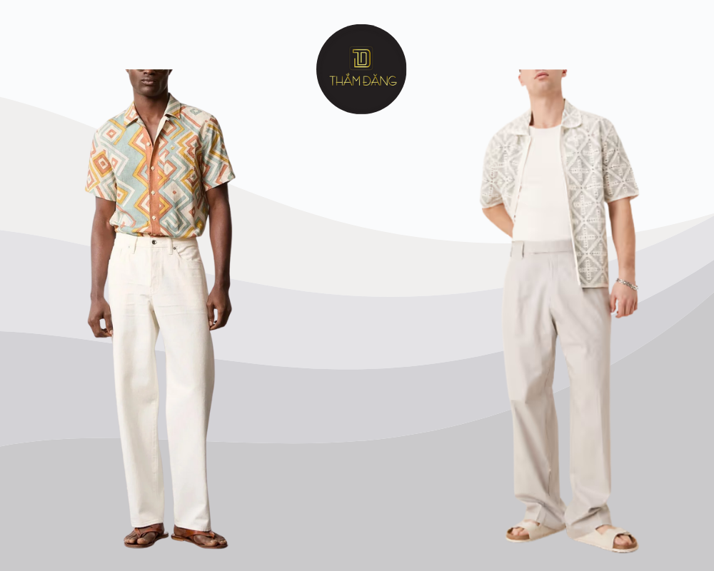 Nét cổ điển pha cá tính với sơ mi họa tiết và quần ống rộng vintage thời thượng.