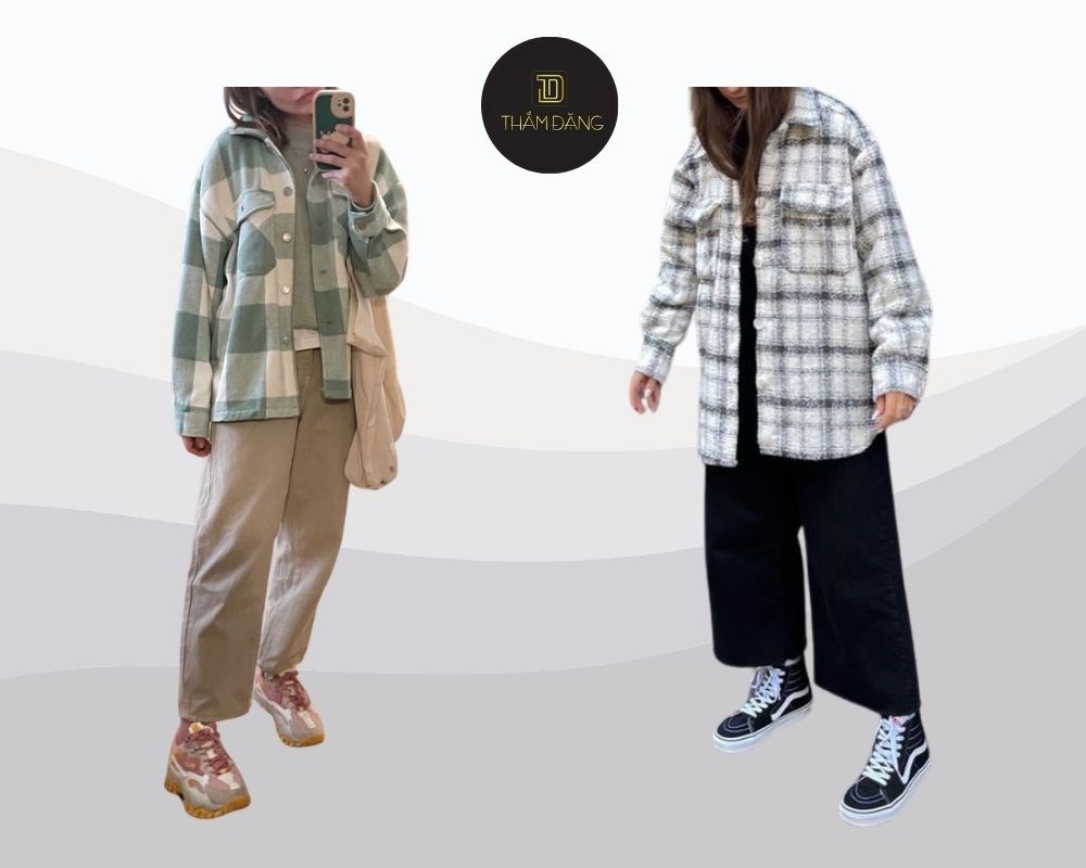 Kết hợp sơ mi ca rô với quần ống rộng dáng lửng tạo nên phong cách trẻ trung và năng động
