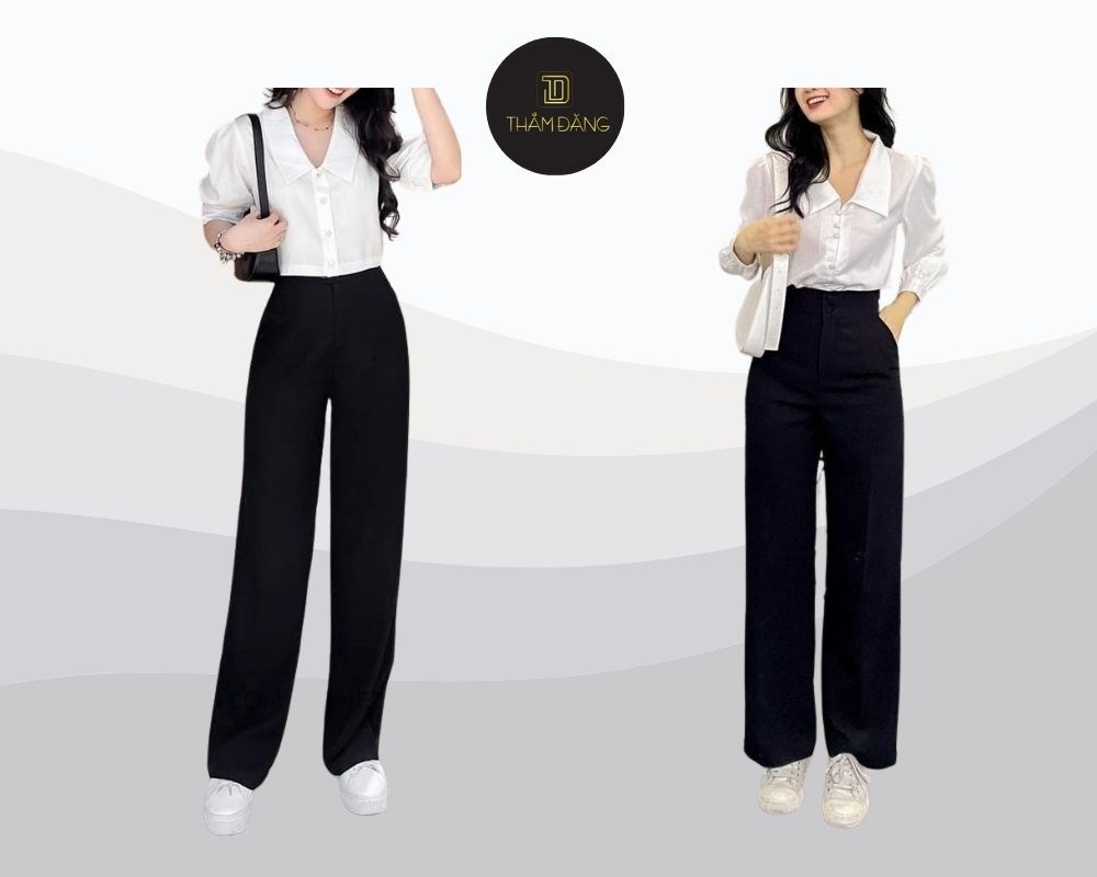 Áo sơ mi cổ đức phối cùng quần ống rộng màu đen lý tưởng cho các sự kiện trang trọng