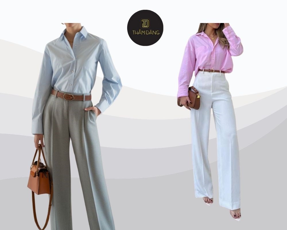 Tone pastel nhẹ nhàng mix cùng quần ống rộng cạp cao phù hợp cho các buổi tiệc trà hoặc dạo phố cuối tuần
