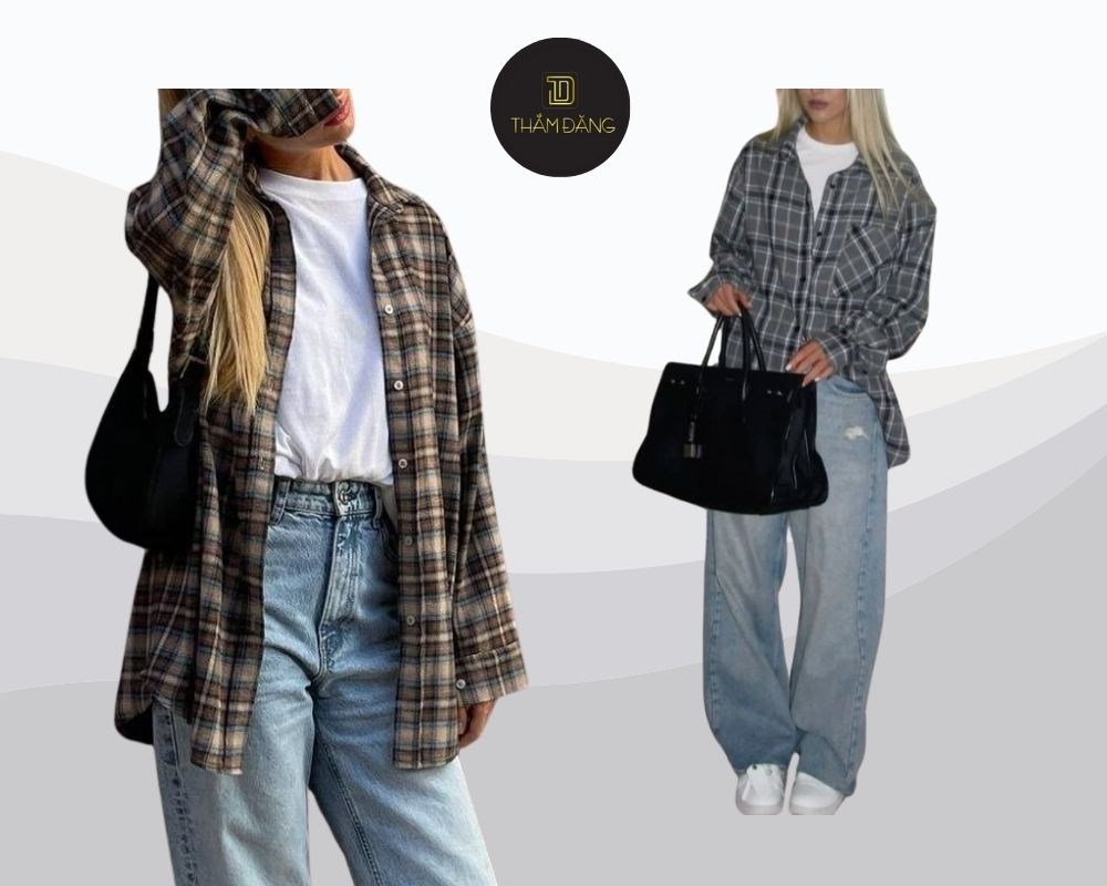 Áo sơ mi kẻ caro phối với quần ống rộng jeans - outfits dã ngoại hoặc dạo phố
