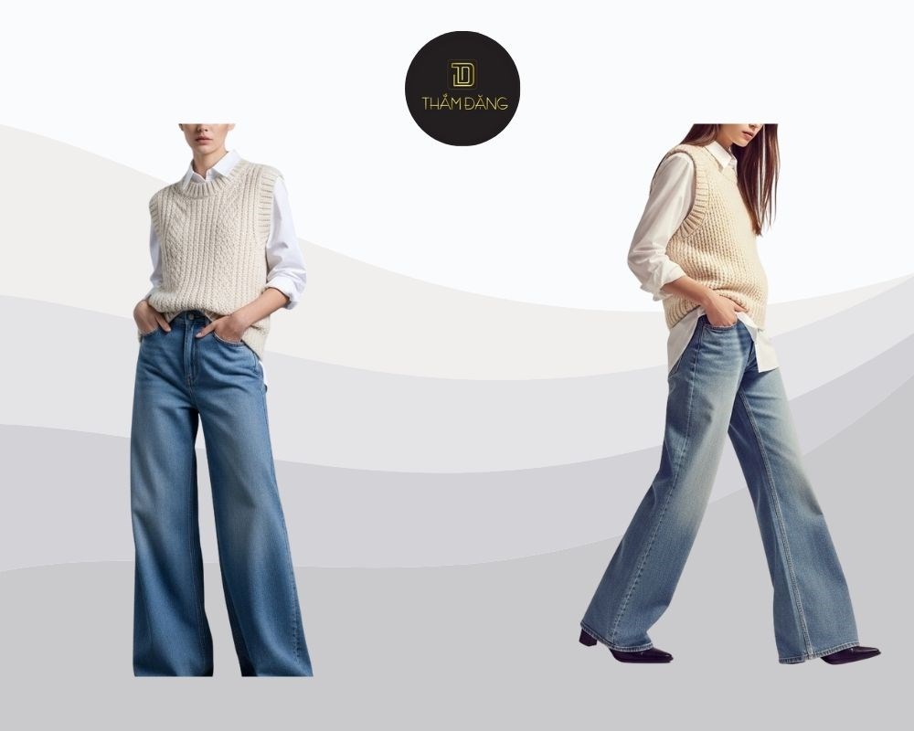 Kết hợp giữa quần jean ống rộng, áo len gile khoác ngoài sơ mi trắng, lý tưởng cho công sở hoặc dạo phố