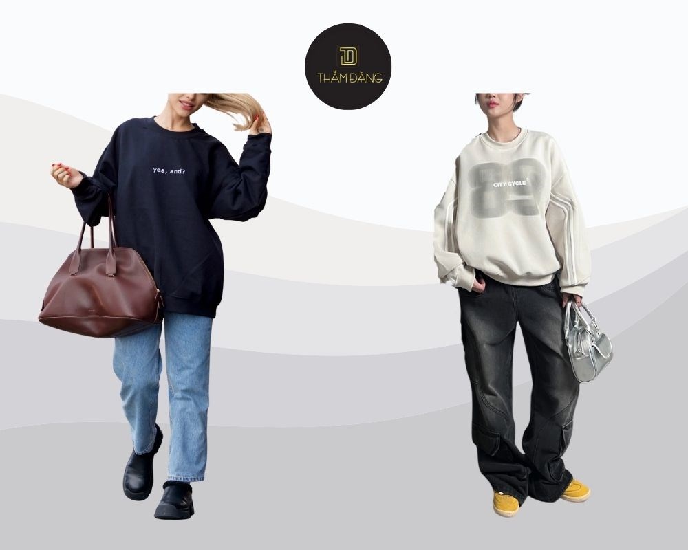 Quần jean ống rộng với sweater oversize, có thể sơ vin một phần để hack dáng cho các hoạt động hàng ngày.