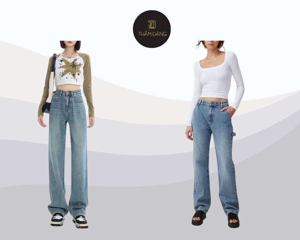 Vẻ ngoài trẻ trung, năng động cho ngày không quá lạnh, với quần jean ống rộng cạp cao và áo croptop dài tay