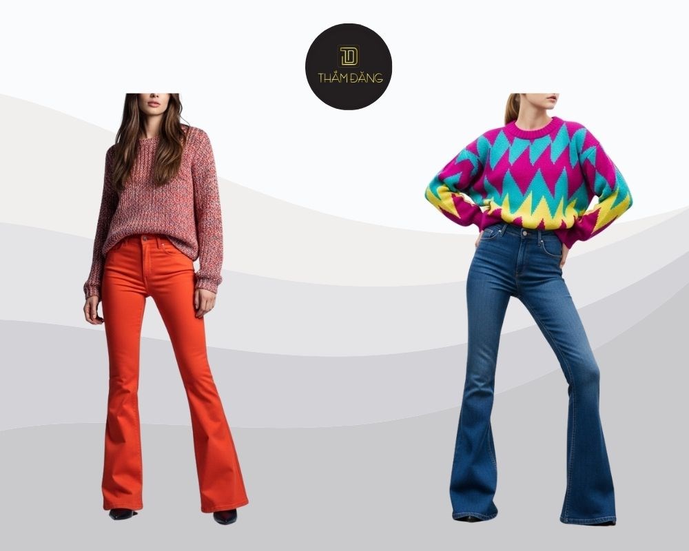 Tạo set đồ retro bắt mắt, cân bằng dáng, với quần jean ống loe và áo len màu nổi, lý tưởng cho các buổi đi cafe, chụp ảnh