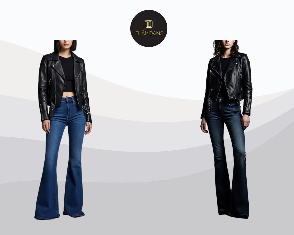 Sự kết hợp cá tính, bụi bặm nhưng vẫn nữ tính giữa quần jean ống loe và áo khoác biker