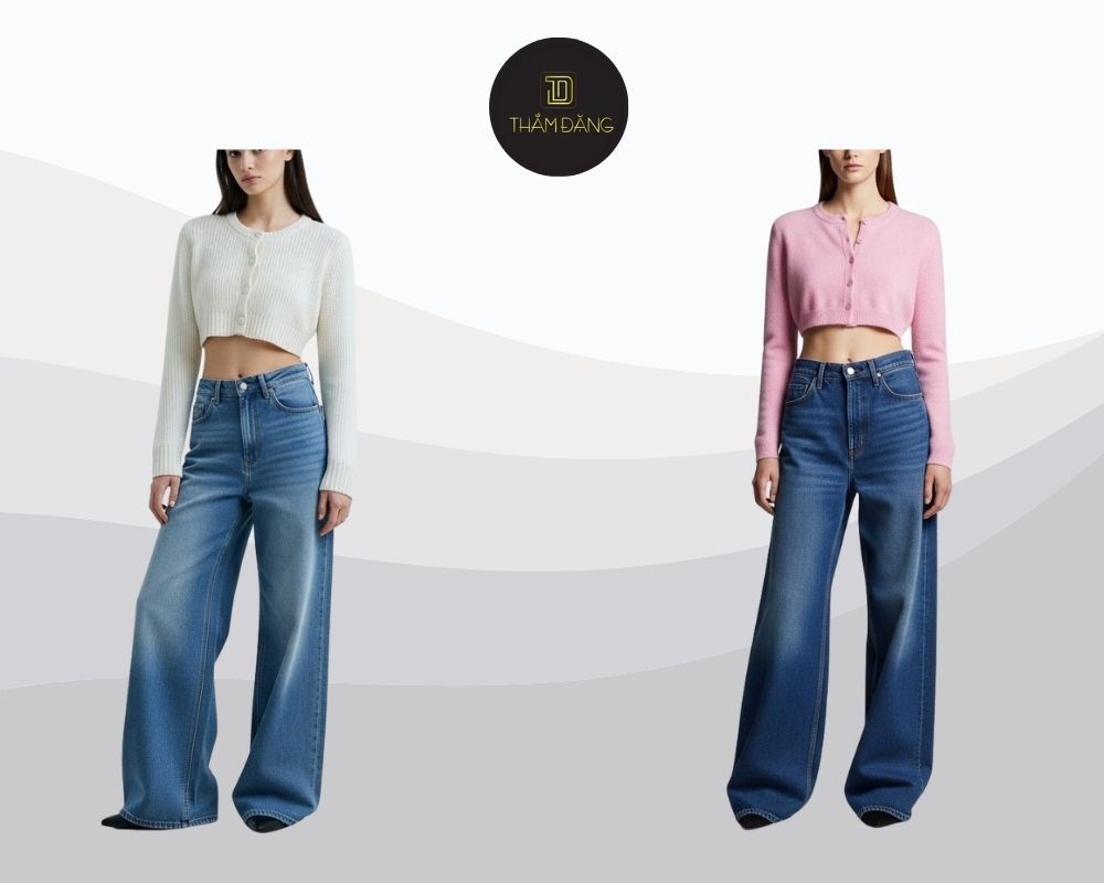 Vẻ ngoài nữ tính, nhẹ nhàng nhưng thời thượng với quần jean ống rộng cạp cao và áo cardigan dáng ngắn, tôn eo và kéo dài chân