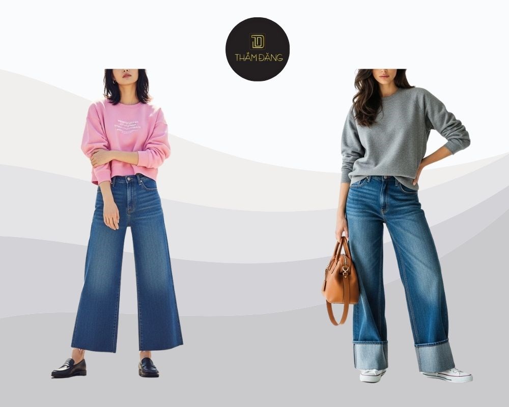 Công thức casual thoải mái, ấm áp cho mùa đông với quần jean ống rộng và áo nỉ, phù hợp cho đi học, dạo phố