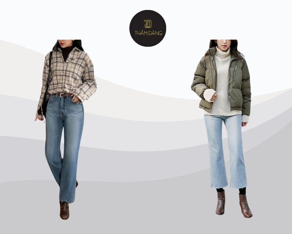 Set đồ ấm áp, thanh lịch cho mùa đông, với quần jean ống rộng và áo giữ nhiệt cổ cao, có thể sơ vin để tôn dáng