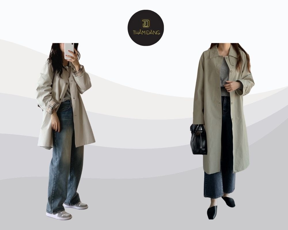 Vẻ ngoài sang trọng, hiện đại cho mùa đông với quần jean ống rộng và áo trench coat, lý tưởng cho đi làm, sự kiện