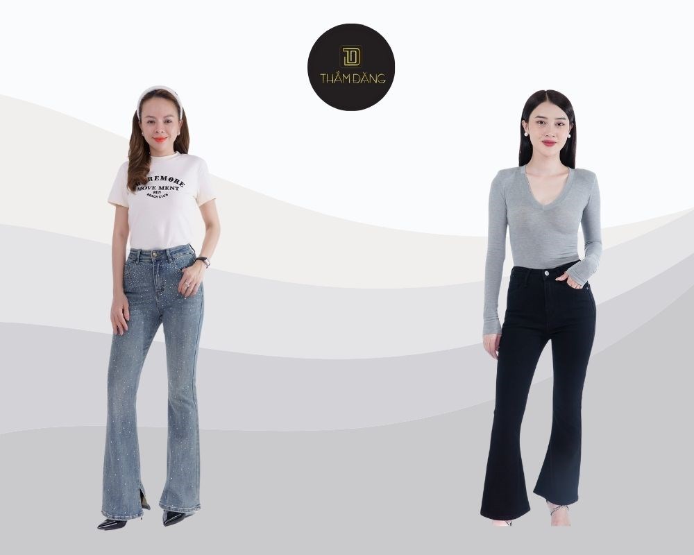 Quần jean ống loe là item retro tôn dáng, giúp cân bằng tỷ lệ cơ thể và kéo dài chân hiệu quả khi phối cùng áo dáng ngắn hoặc sơ vin.