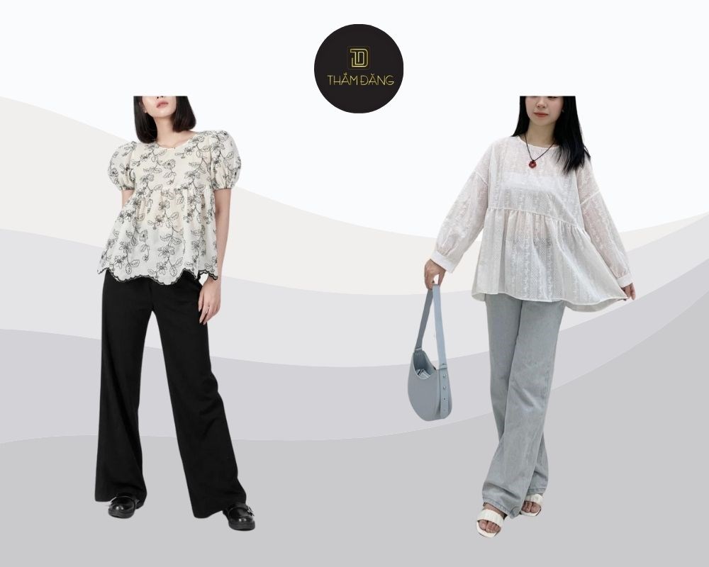 Vẻ ngoài nữ tính, dễ thương với quần jean ống rộng và áo babydoll, phù hợp cho dạo phố, đi cafe