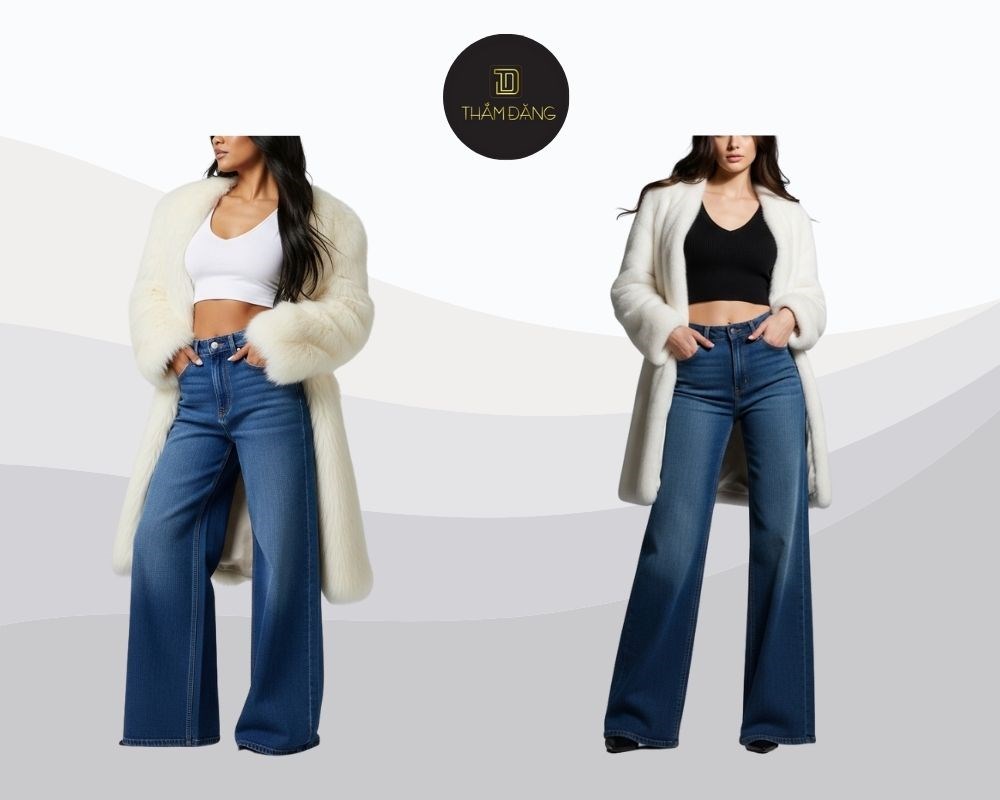 Phong cách sang chảnh, cá tính cho những ngày đông lạnh, với quần jean ống rộng cạp cao, áo croptop cổ V và áo khoác lông