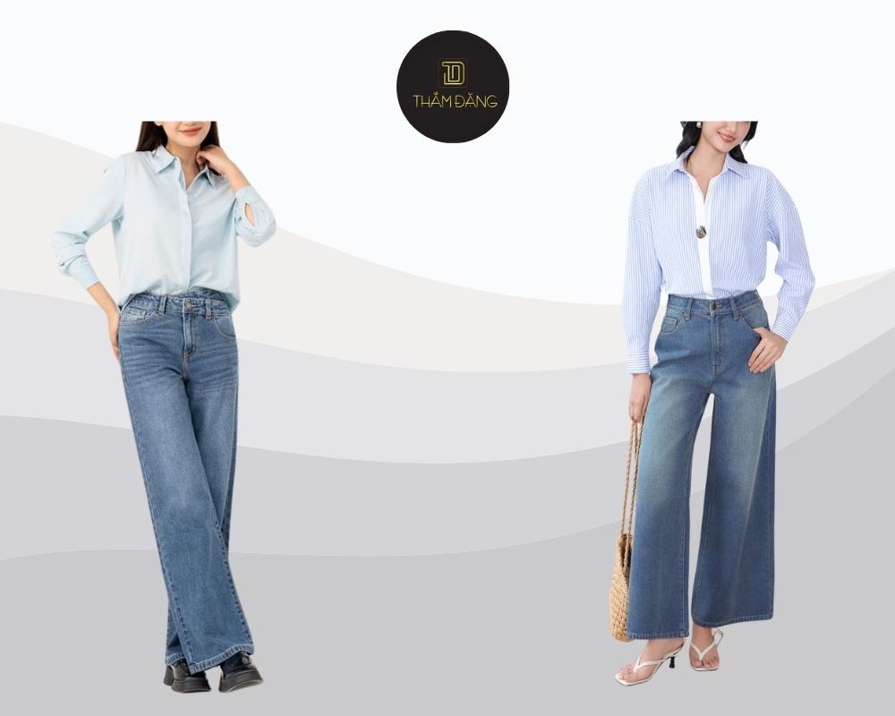 Công thức kinh điển không lỗi mốt cho quần jean ống rộng và áo sơ mi dài tay, sơ vin và thêm thắt lưng để tôn eo
