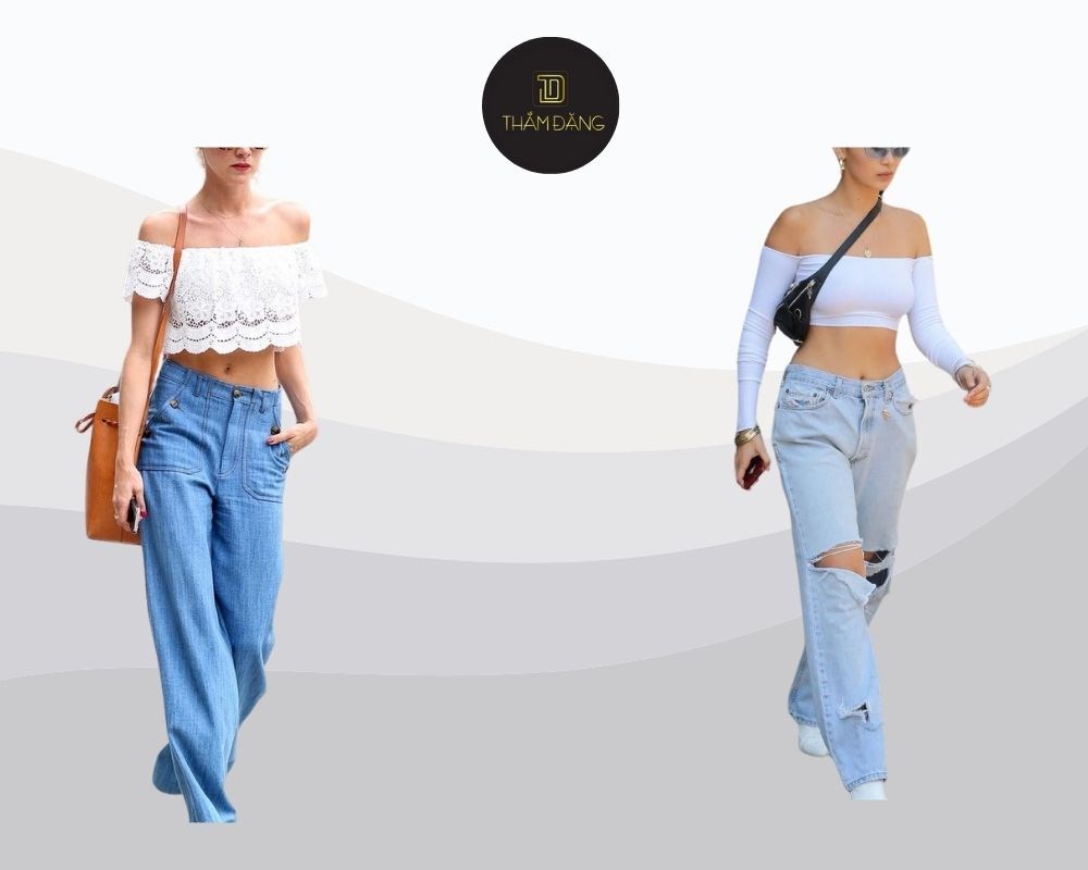 Vẻ ngoài nữ tính, quyến rũ và trẻ trung với quần jean ống rộng và áo trễ vai, lý tưởng cho hẹn hò, tiệc tùng