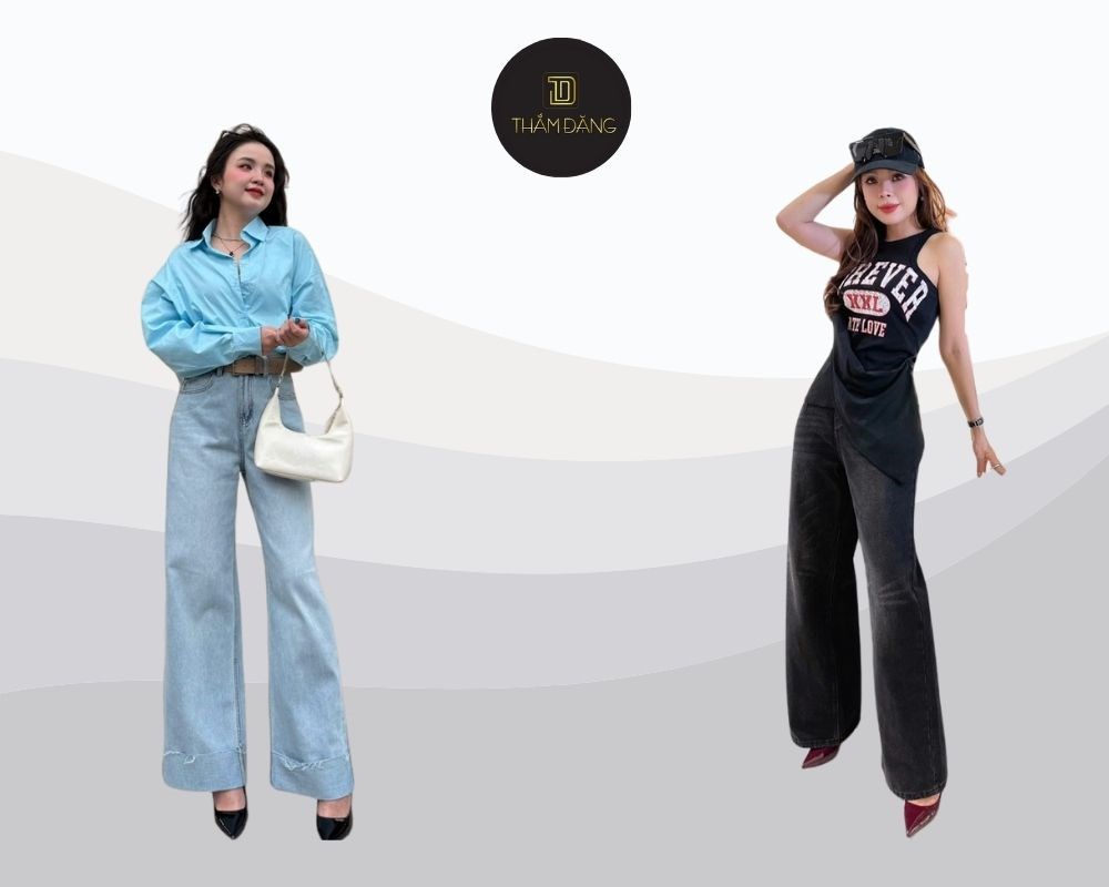 Quần jean ống rộng cạp cao kết hợp cạp cao tôn eo và ống rộng thoải mái, là lựa chọn 