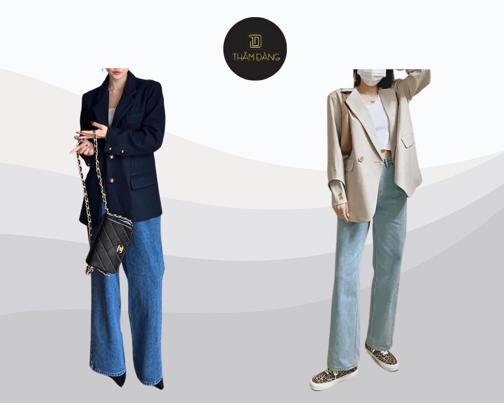 Quần jean ống suông phối cùng áo blazer tạo set đồ sang trọng, trẻ trung, chỉn chu cho công sở